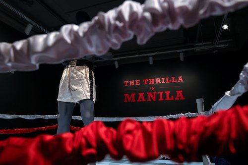 Muhammad Ali's boxing trunks from the 1975 'Thrilla in Manila' boxing match with Joe Frazier, stand on display at Sotheby's auction house in New York City