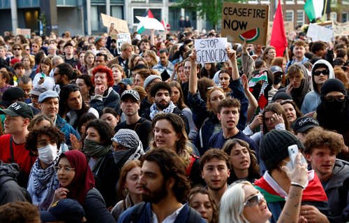 Students and employees of the University of Amsterdam protest against the ongoing conflict between Israel and the Palestinian Islamist group Hamas in Gaza, in Amsterdam