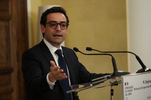 French Foreign Minister Stephane Sejourne attends a press conference at the Pine Residence, the official residence of the French ambassador to Lebanon, in Beirut