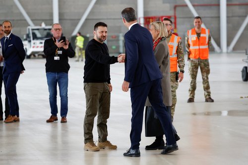 Ukrainian President Zelenskiy and Belgium's PM De Croo visit Melsbroek air base