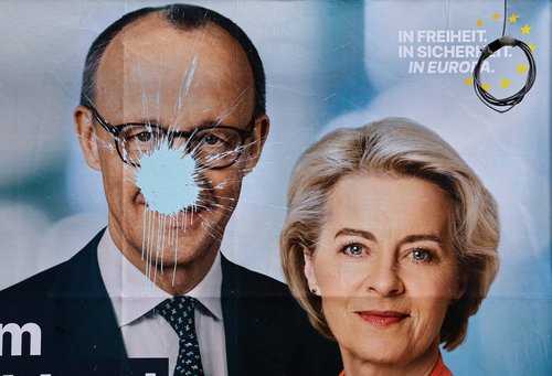 A splattered CDU election campaign poster for the EU elections in Berlin