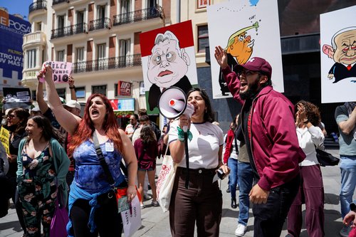 People protest as Spanish far-right party Vox holds a two-day meeting, in Madrid