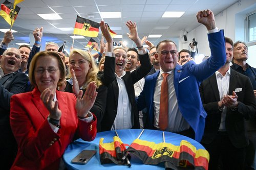 Alternative for Germany (AfD) party members react to election results, in Berlin
