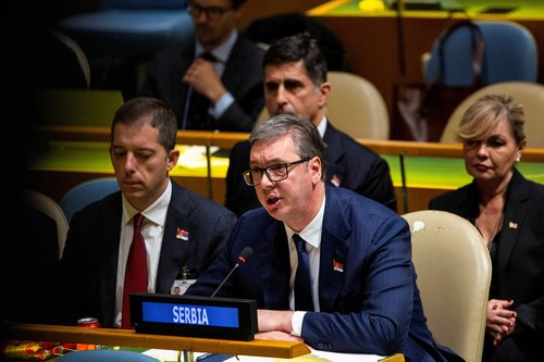 FILE PHOTO: Serbian President Aleksandar Vucic at U.N. headquarters in New York