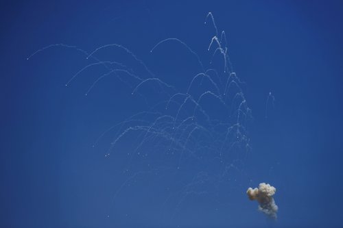 An interception of a rocket launched from Lebanon to Israel over the border, amid ongoing cross-border hostilities between Hezbollah and Israeli forces, close the Israeli border with Lebanon