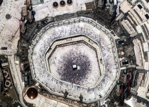 A satellite image shows an overview of worshipers around the Kaaba at the Grand Mosque during the annual Hajj pilgrimage, in Mecca