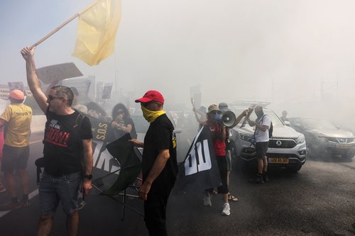 Demonstration demanding return of hostages kidnapped in October 7 attack on Israel by Hamas, in Tel Aviv