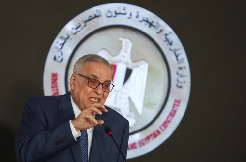 Egypt's Foreign Minister Badr Abdelatty meets with Lebanese Foreign Minister Abdallah Bou Habib, at the New Administrative Capital (NAC) in the east of Cairo