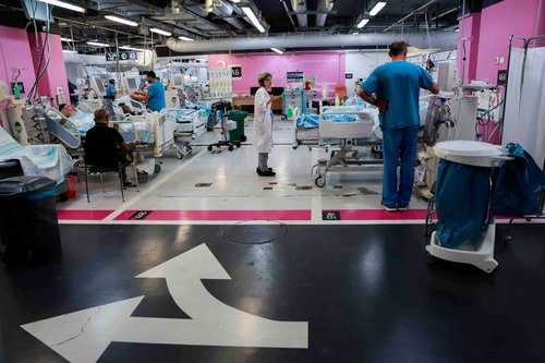 Beds are prepared to receive patients at an underground emergency hospital at Rambam Health Care Campus, in Haifa
