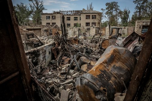 A view shows residential buildings heavily damaged during a Russian military attack in the frontline town of Chasiv Yar