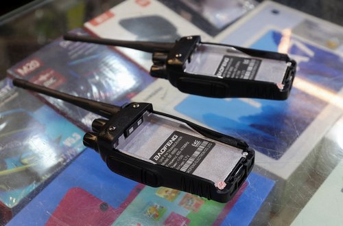 Walkie-talkie devices without batteries are shown at an electronic store, in Sidon