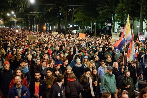 People attend a protest against Freedom Party after general elections in Vienna