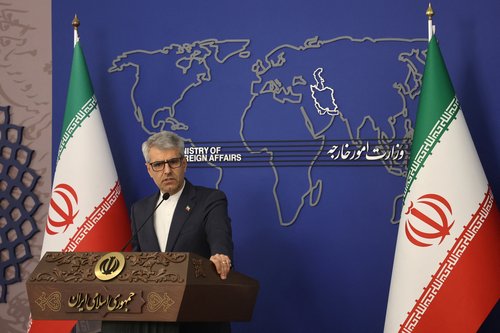 Iran's Foreign Ministry spokesman Esmail Baqaee speaks during a press conference in Tehran
