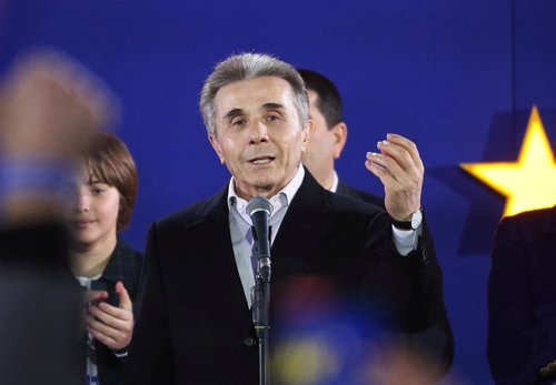 Founder of the Georgian Dream party Bidzina Ivanishvili speaks after the announcement of exit poll results in Tbilisi