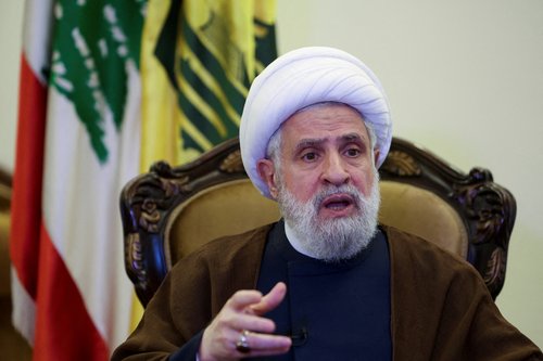 FILE PHOTO: Lebanon's Hezbollah deputy leader Sheikh Naim Qassem speaks during an interview with Reuters in in Beirut's suburbs