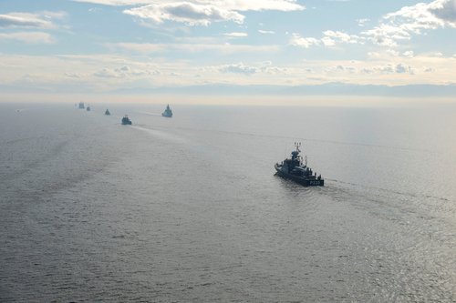 Navy ships of Iran and Azerbaijan move during an exercise between Iran and Azerbaijan in the Caspian Sea