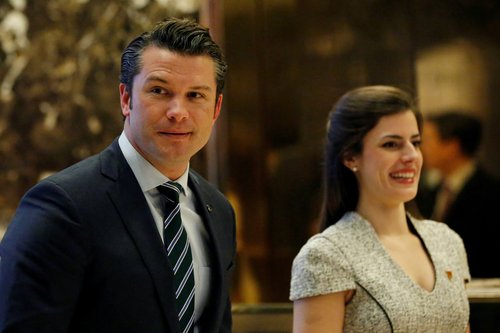 FILE PHOTO: Pete Hegseth, former executive director of Vets For Freedom, looks at the media members while waiting for the escalator in the lobby of Trump Tower in Manhattan, New York