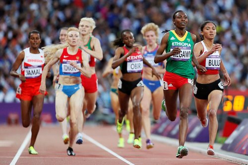 FILE PHOTO: Ethiopia's Abeba Aregawi wins ahead of Turkey's Gamze Bulut and Russia's Tatyana Tomashova in their women's 1500m semi-final during the London 2012 Olympic Games