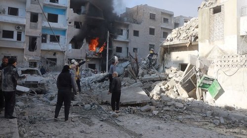 Aftermath of what the White Helmets say is a strike, at a location given as Idlib