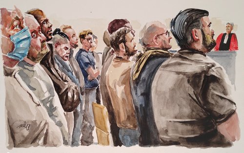 Courtroom sketch of Defendants in court at final week of mass rape trial in Avignon