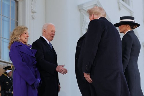 U.S. President-elect Donald Trump and his wife Melania Trump meet with U.S. President Joe Biden and first lady Jill Biden on inauguration day of Donald Trump's second presidential term in Washington