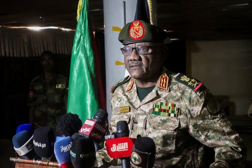 Chief of Staff of the Sudanese Army, Lieutenant General Mohamed Osman Al-Hussein, speaks to media during a press conference in Khartoum
