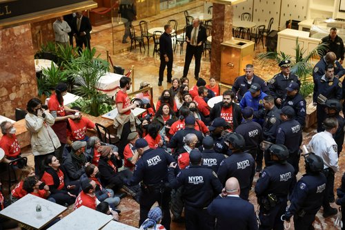 People protest against the ICE detention of Palestinian activist and Columbia University graduate student Mahmoud Khalil, at Trump Tower in New York City