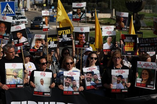 Family members and supporters demand the return of all hostages kidnapped during the deadly October 7, 2023 attack, in Jerusalem