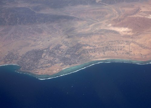 An aerial view of the coast of the Red Sea, in Marsa Alam