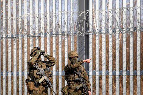 Polish Prime Minister Donald Tusk visits reinforced barrier at the Polish-Belarusian border