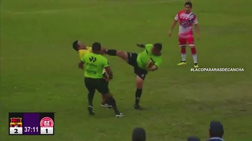 Referee defends himself from attack with kick during Peru Cup match