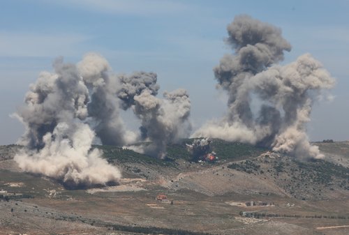 Smoke billows from Nabatieh district, following Israeli strikes, according to two Lebanese security sources, as seen from Marjayoun