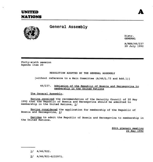 BiH je 22. maja 1992. godine primljena u Ujedinjene narode