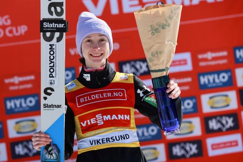 Ski Jumping - FIS Ski Jumping World Cup - Vikersund, Norway - March 21, 2026 Third placed Slovenia’s Nika Prevc celebrates on the podium during the Women's Individual HS240 presentation ceremony Trond R Teigen/NTB via REUTERS ATTENTION EDITORS - THIS