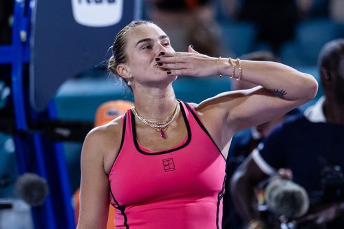 Mar 26, 2026; Miami Gardens, FL, USA; Aryna Sabalenka of Belarus celebrates her victory over Elena Rybakina of Kazakhstan in the semi-finals of the women’s singles at the Miami Open at the Hard Rock Stadium. Mandatory Credit: Mike Frey-Imagn Images