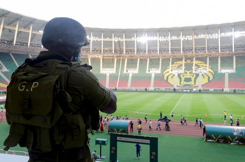 Security officer stands guard at Olembe Stadium in Yaounde