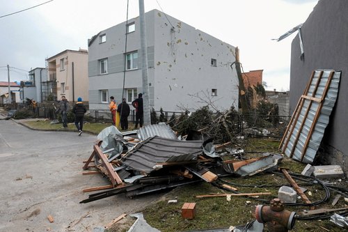 Damaged houses are seen following a storm in Dobrzyca near Jarocin