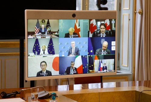 French President Macron attends a virtual G7 leaders' meeting on Ukraine conflict