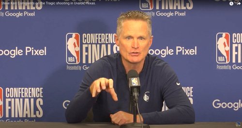 Golden State Warriors head coach Steve Kerr speaks about the Texas shooting at a news conference in Dallas, Texas