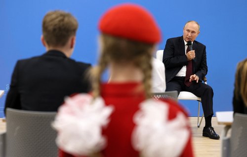Russian President Putin conducts an open lesson on Knowledge Day in Kaliningrad