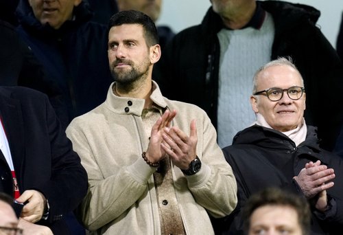 Soccer Football - FIFA World Cup - UEFA Qualifiers - Finals - Bosnia and Herzegovina v Italy - Bilino Polje Stadium, Zenica, Bosnia and Herzegovina - March 31, 2026 Tennis player Novak Djokovic and UEFA Deputy Secretary General Giorgio Marchetti in the st