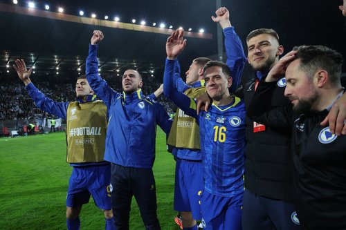 Soccer Football - FIFA World Cup - UEFA Qualifiers - Finals - Bosnia and Herzegovina v Italy - Bilino Polje Stadium, Zenica, Bosnia and Herzegovina - March 31, 2026 Bosnia and Herzegovina's Amir Hadziahmetovic celebrates qualifying for the FIFA World Cup
