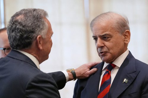 Pakistan's Prime Minister Shehbaz Sharif greets Steve Witkoff, Special Envoy for Peace Missions, before the start of his meeting with U.S. Vice President JD Vance in Islamabad, April 11, 2026. Jacquelyn Martin Pool/Pool via REUTERS