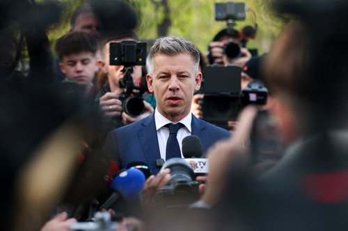 Peter Magyar, leader of the opposition Tisza party, speaks to the media after voting during the Hungarian parliamentary election in Budapest, Hungary, April 12, 2026. REUTERS/Leonhard Foeger
