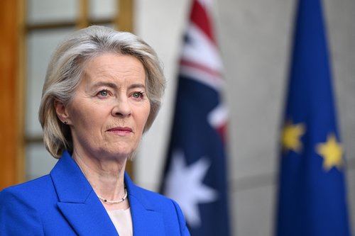 President of the European Commission Ursula von der Leyen reacts during a press conference at Parliament House in Canberra, Australia