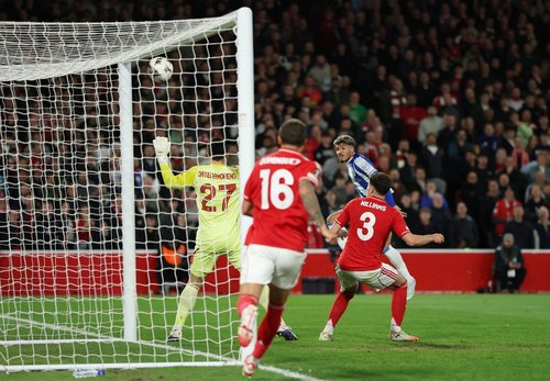 Soccer Football - UEFA Europa League - Quarter Final - Second Leg - Nottingham Forest v FC Porto - The City Ground, Nottingham, Britain - April 16, 2026 FC Porto's William Gomes hits the bar Action Images via Reuters/Andrew Boyers