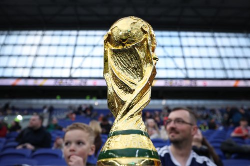 Soccer Football - International Friendly - Scotland v Ivory Coast - Hill Dickinson Stadium, Liverpool, Britain- March 31, 2026 General view of a replica world cup trophy inside the stadium before the match REUTERS/Phil Noble