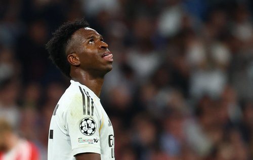 Soccer Football - UEFA Champions League - Quarter Final - First Leg - Real Madrid v Bayern Munich - Santiago Bernabeu, Madrid, Spain - April 7, 2026 Real Madrid's Vinicius Junior reacts REUTERS/Gonzalo Fuentes