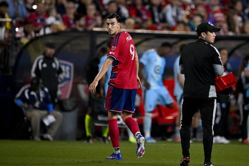 Apr 22, 2026; Frisco, Texas, USA; FC Dallas forward Petar Musa (9) leaves the game against Minnesota United FC during the second half at Toyota Stadium. Mandatory Credit: Jerome Miron-Imagn Images
