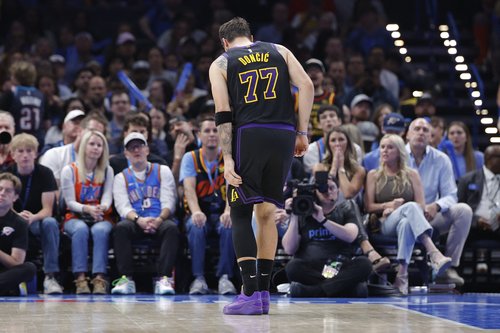 Apr 2, 2026; Oklahoma City, Oklahoma, USA; Los Angeles Lakers guard Luka Doncic (77) hops to the side of the court during a play against the Oklahoma City Thunder during the second half at Paycom Center. Mandatory Credit: Alonzo Adams-Imagn Images
